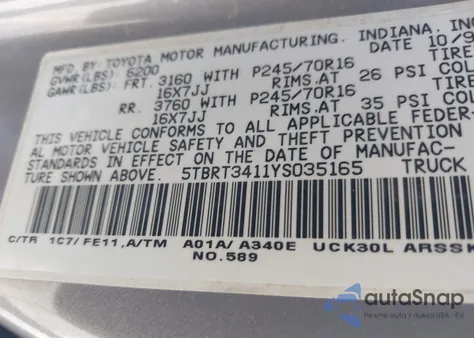 2000 Toyota Tundra Sr5 V8 from USA, damaged, VIN 5TBRT3411YS035165